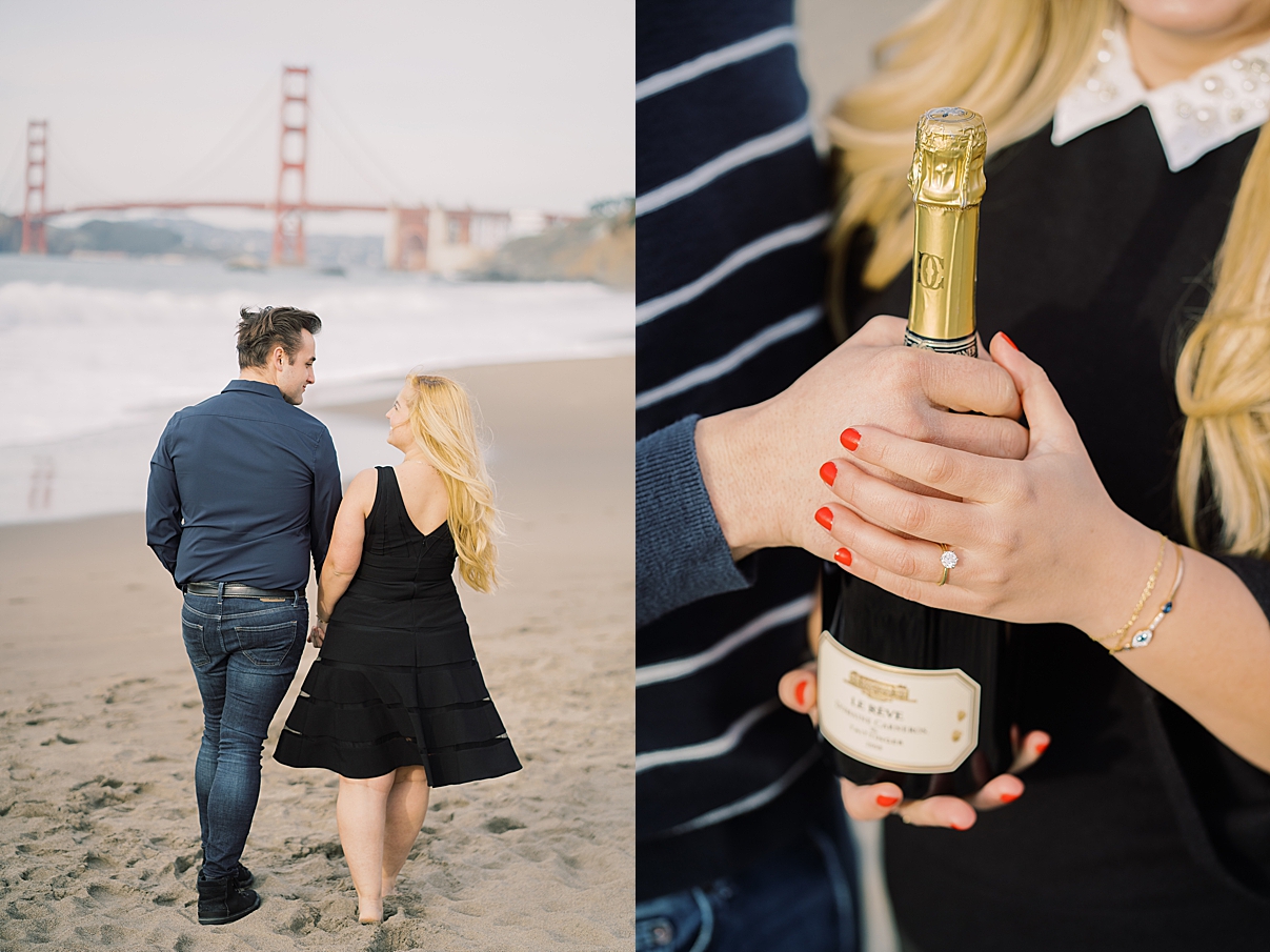san fransisco baker beach engagement photo with champagne