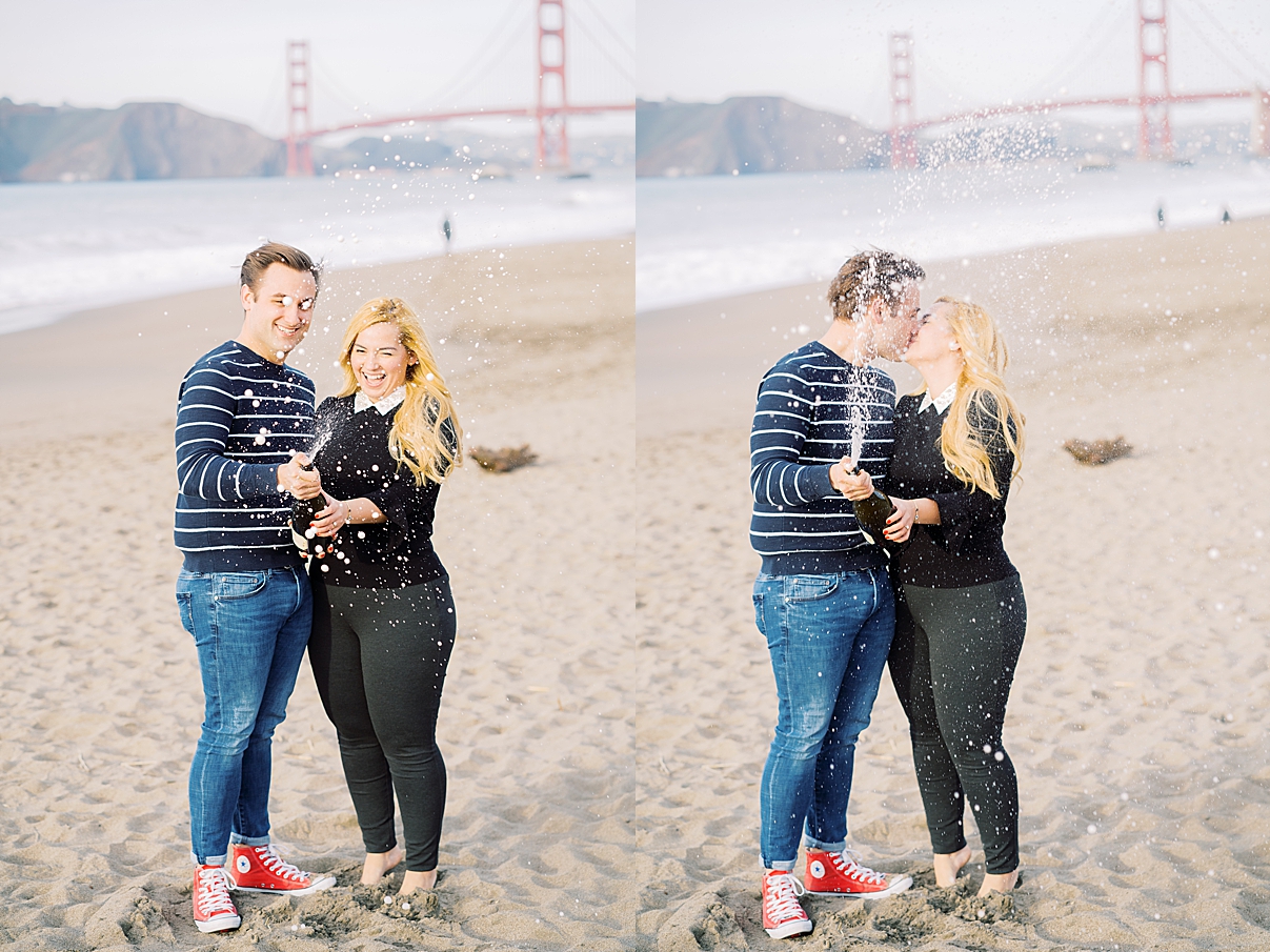 popping champagne at the golden gate bridge