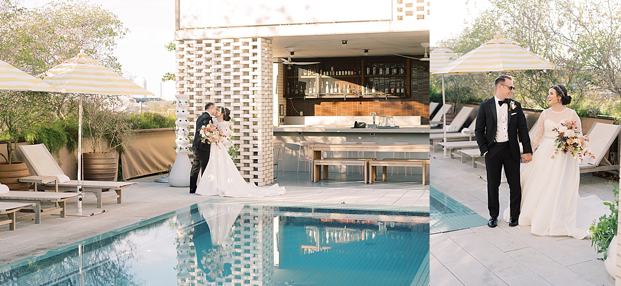 bride and groom portrait in pool area