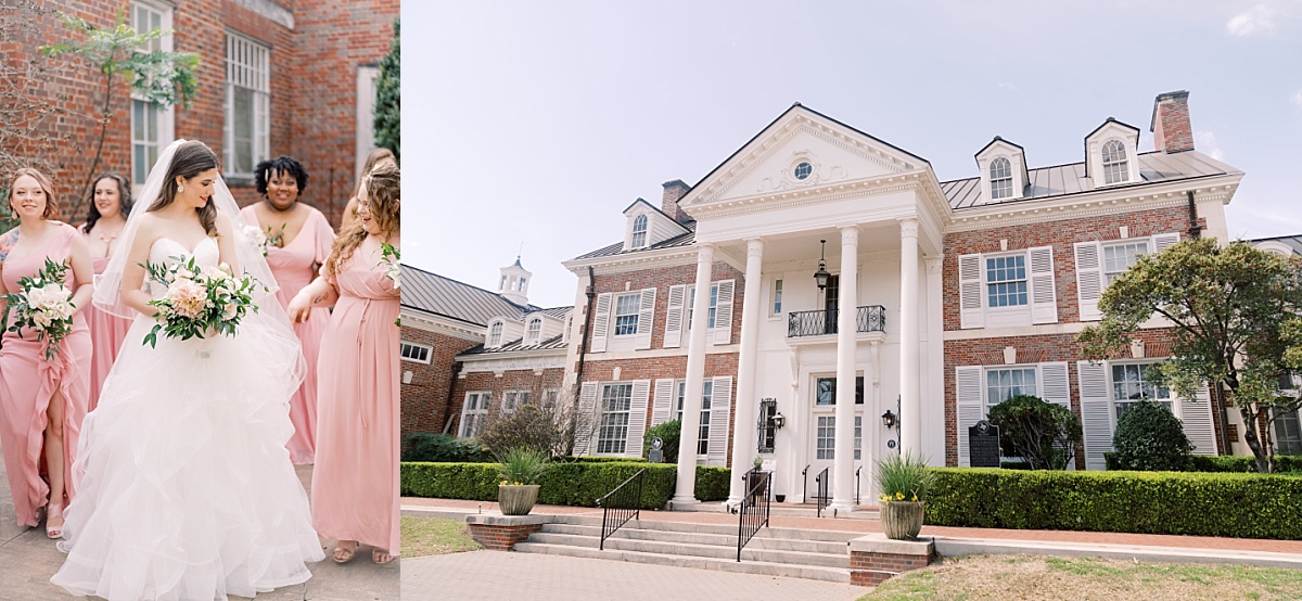 A bride in a beautiful wedding dress holds a pink and green bouquet of flowers while posing with her bridal party for photos with Paige Vaughn Photography at The Mansion, Austin.