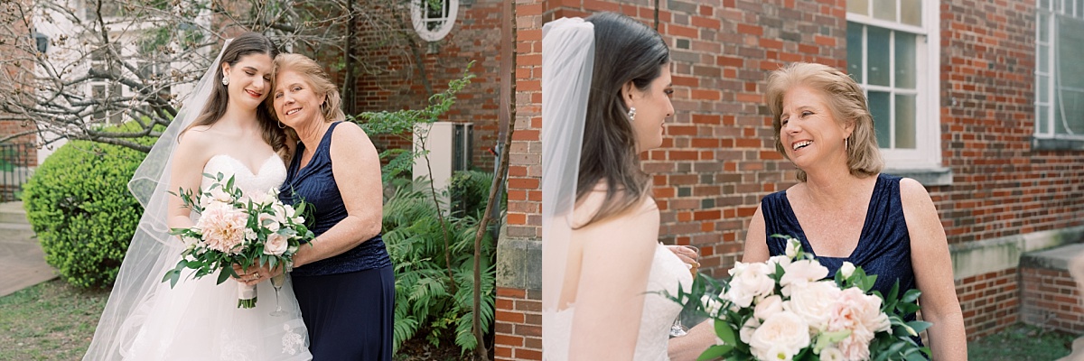 Bride smiling and holding bouquet while standing beside mother for wedding photos in Austin, Texas.