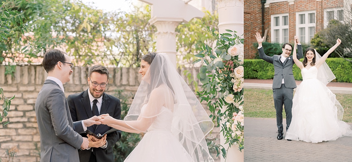 A happy bride and groom hold hands at the alter on their wedding day at The Mansion, Austin while having the moment captured by wedding photographer Paige Vaughn.