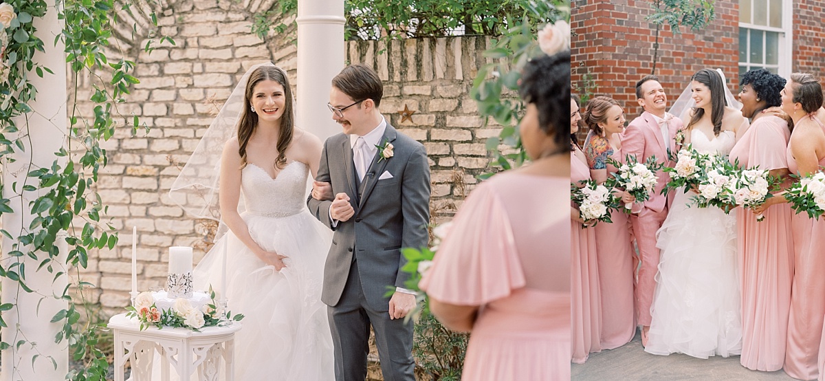 A wedding photo by Paige Vaughn Photography in Austin, Texas captures a happy bride and group standing arm in arm after being wed at TFWC Mansion.