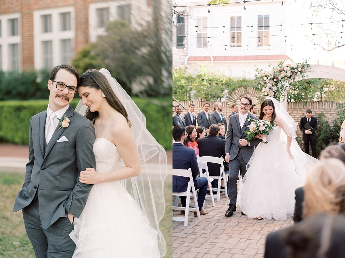 A beautiful bride smiles and leans against her new husband with her eyes closed as he smiles at the camera in a gray tux outside of The Mansion in Austin, Texas on their wedding day.
