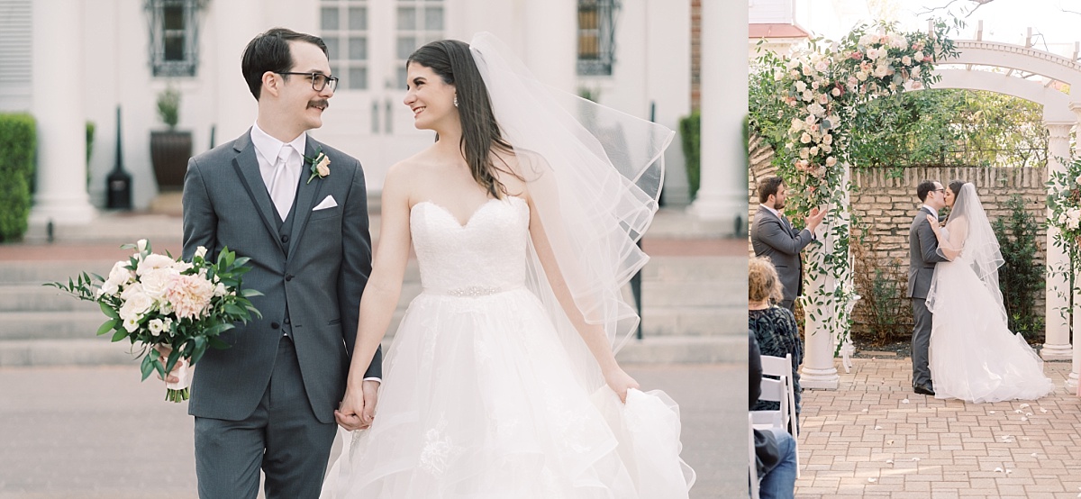 Wedding photographer in Austin, Texas - Paige Vaughn - captures a newlywed bride and groom holding hands and smiling at each other in front of The Mansion.