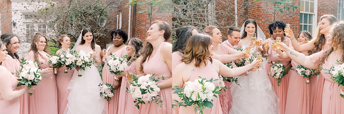 Bride clinks champagne with her bridesmaids in blush pink dresses for wedding photographs with Paige Vaughn Photography in Austin, Texas.