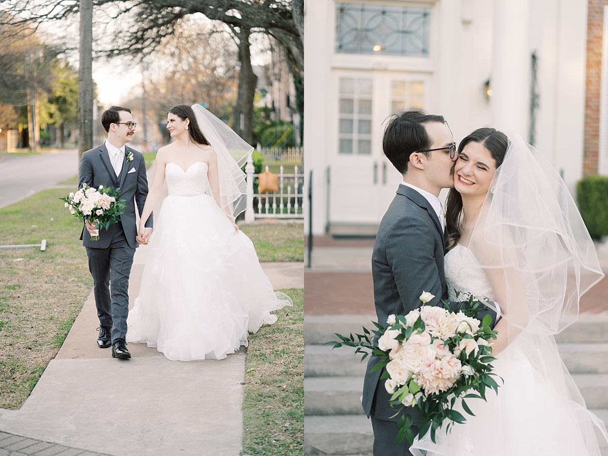 A bride and groom walk together hand in hand on a quiet street in Texas for an Austin wedding photorapher.