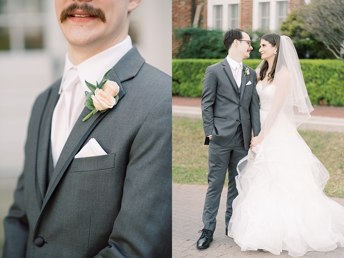 A close up image of a groom wearing a gray tux and blush pink boutonnière for his wedding photos in Austin, Texas.
