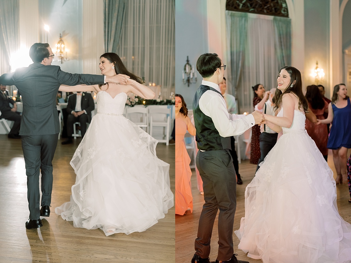 A bride in a gorgeous white dress dances with her new husband in a gray tux at their wedding in Texas.