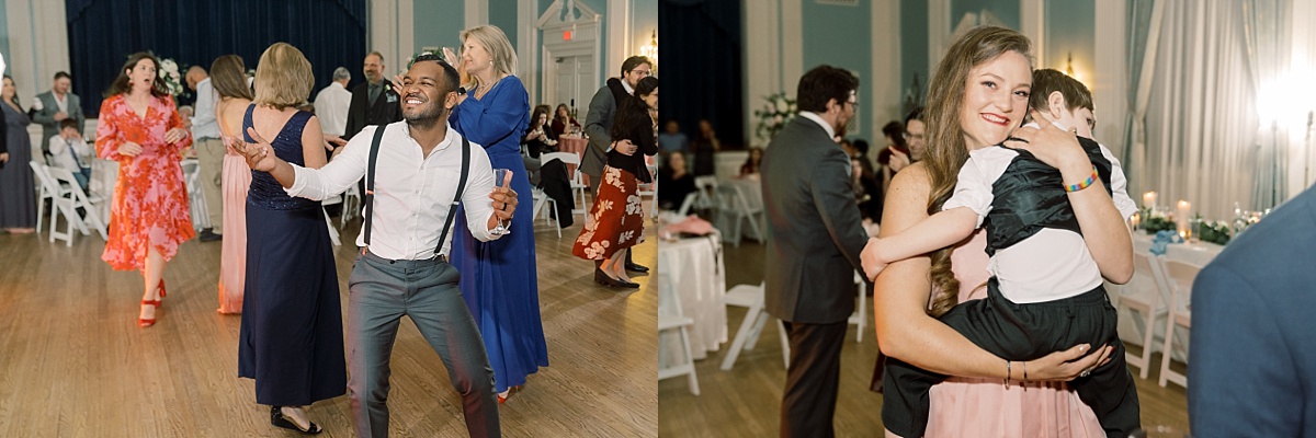 Happy guests dance at a wedding reception at TFWC Mansion while an Austin wedding photographer, Paige Vaughn, captures the moment