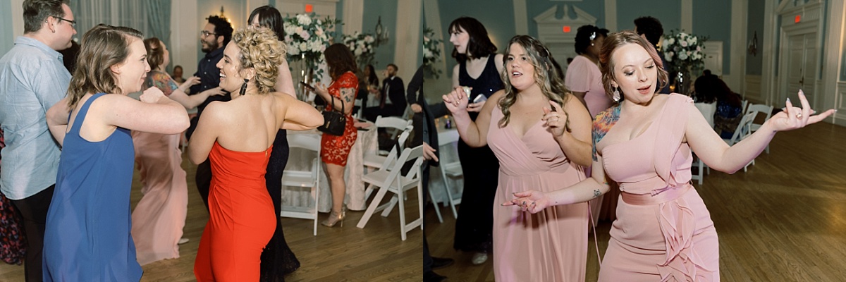 Wedding guests dance at a fun reception while Austin wedding photographs takes pictures at The Mansion.