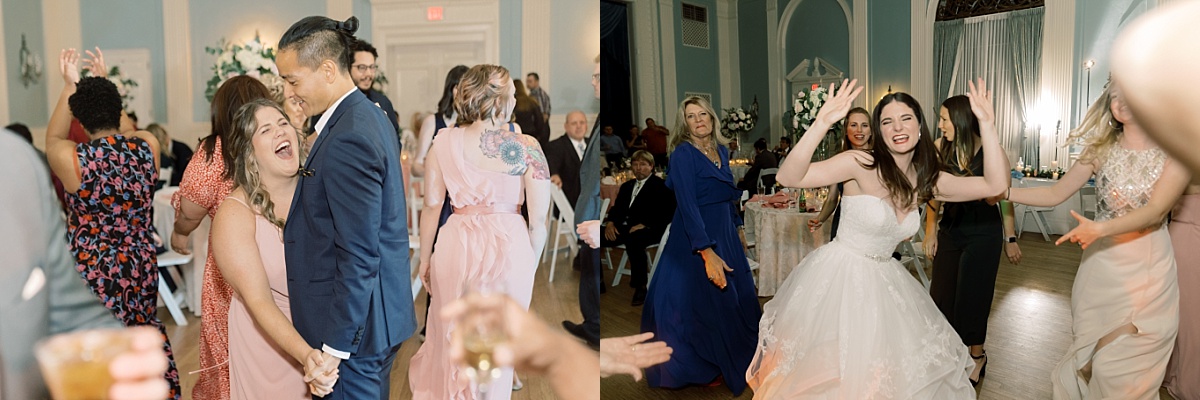 Austin-based wedding photographer captures wedding guests dancing during reception at TFWC Mansion in Austin, Texas.