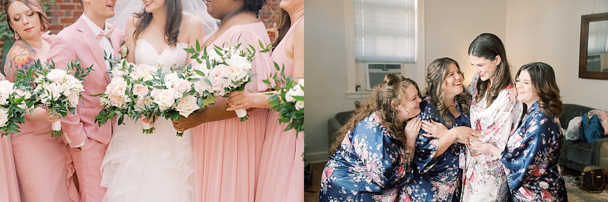 Close up wedding photograph by Paige Vaughn of a Texas bride and her wedding party in blush pink dresses holding bouquets and smiling at each other