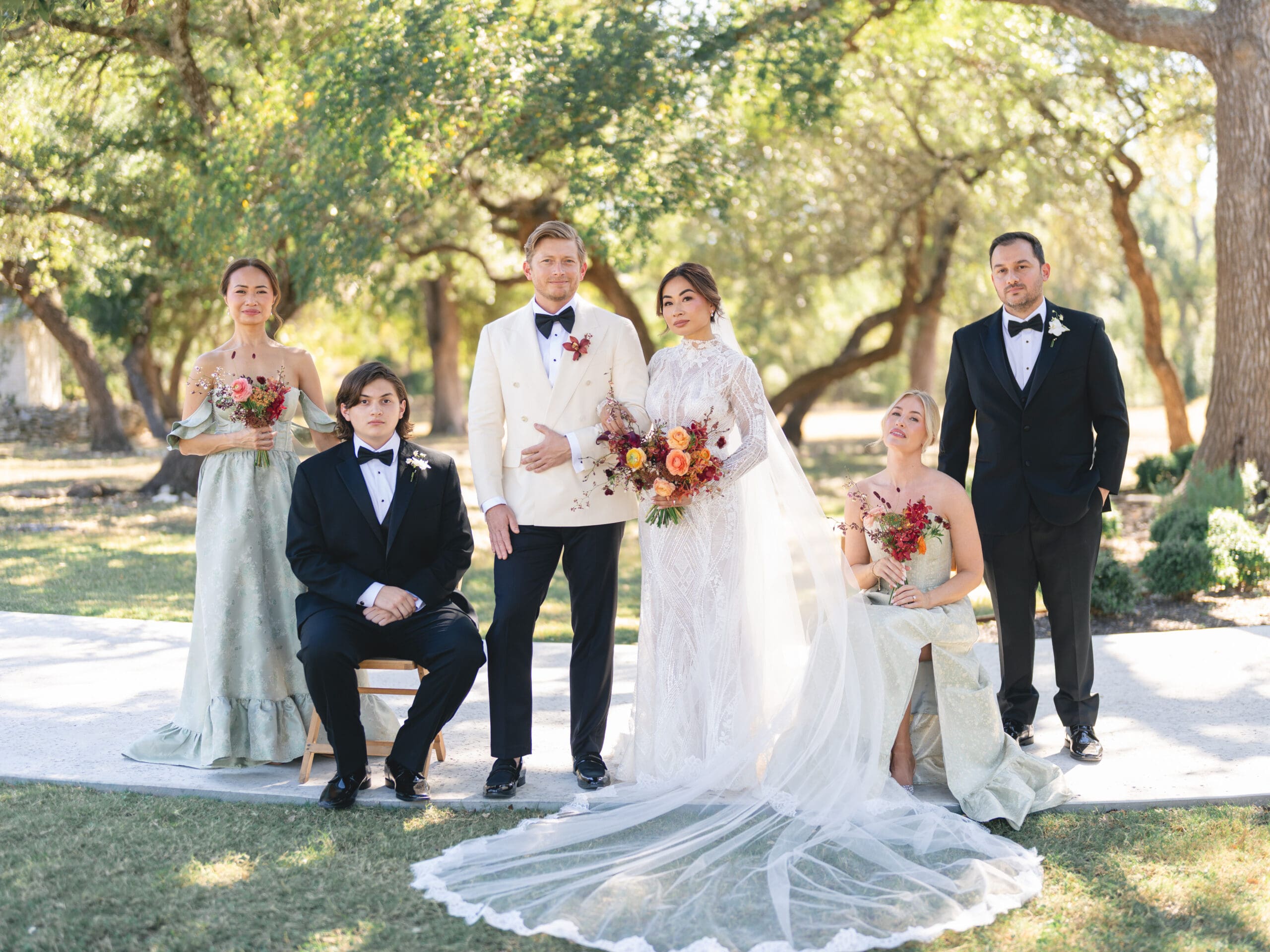 wedding party photos under the oak trees at The Addison Grove, captured on film