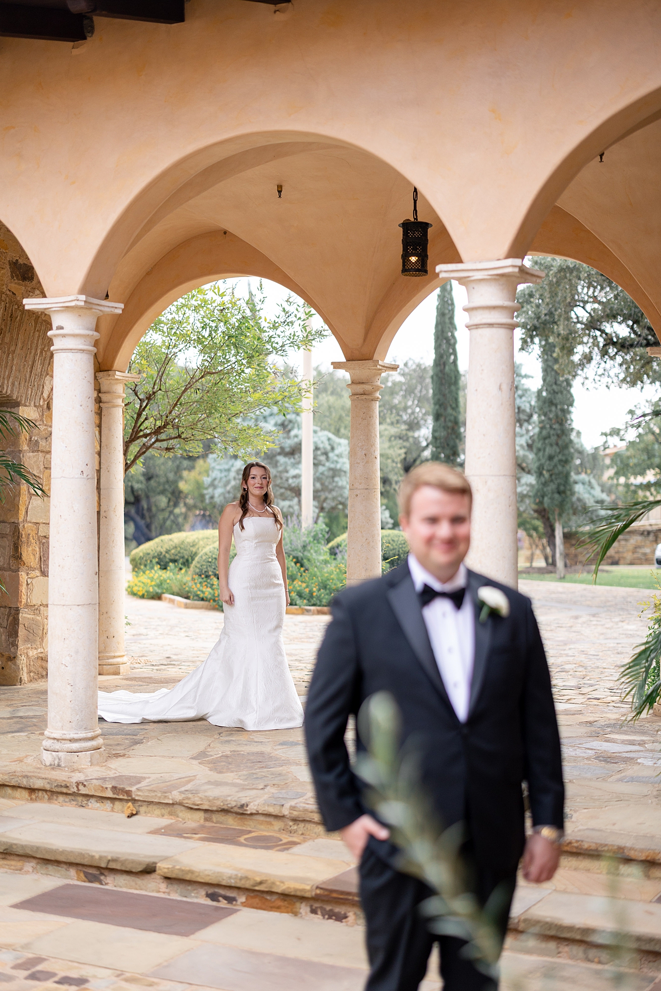 Portrait of the couple under oak trees at Escondido Golf Club, Austin wedding photography by Paige Vaughn Photo, first look