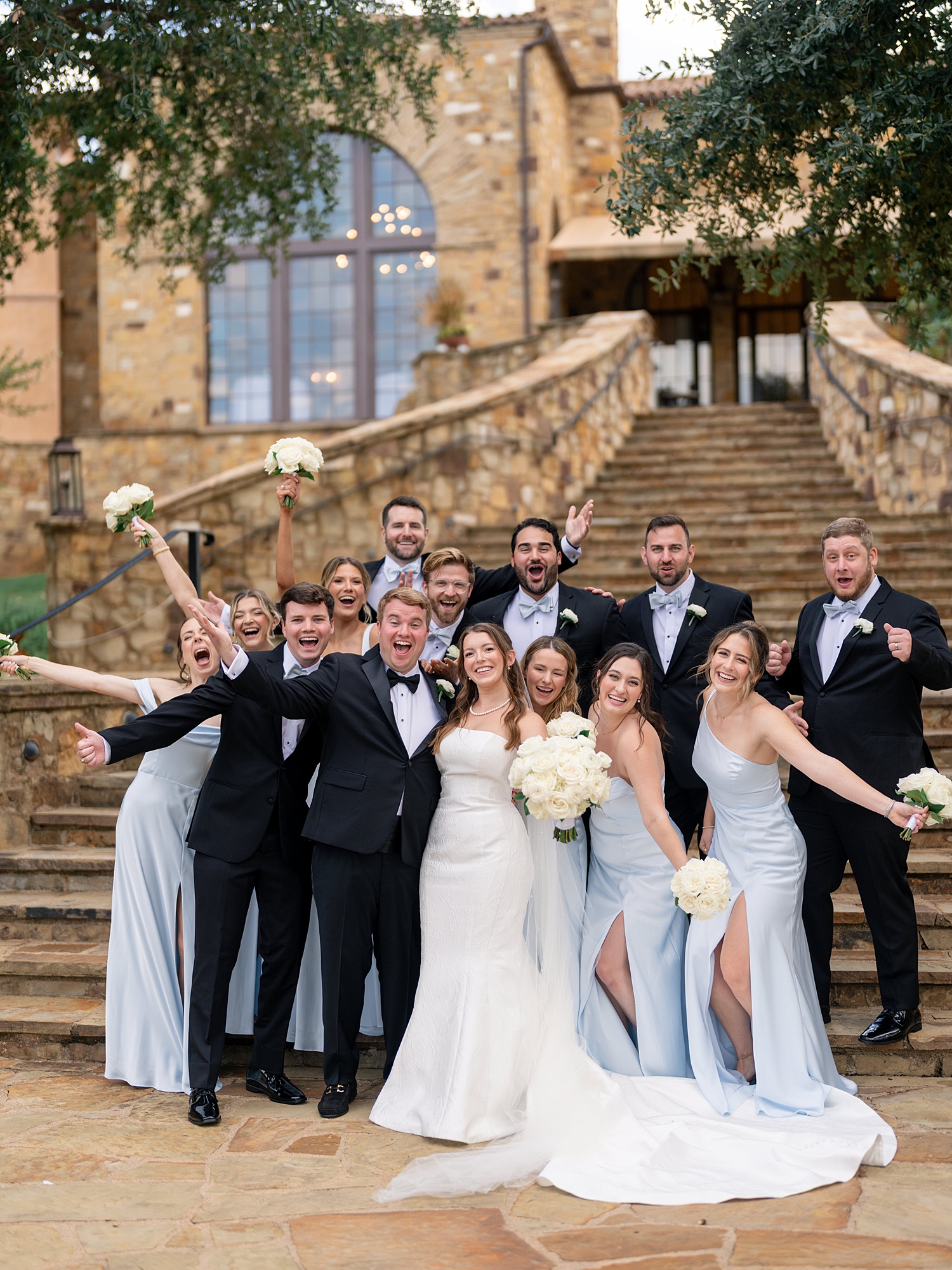 joyful wedding party portrait at Escondido Golf Club, Austin wedding photography by Paige Vaughn Photo