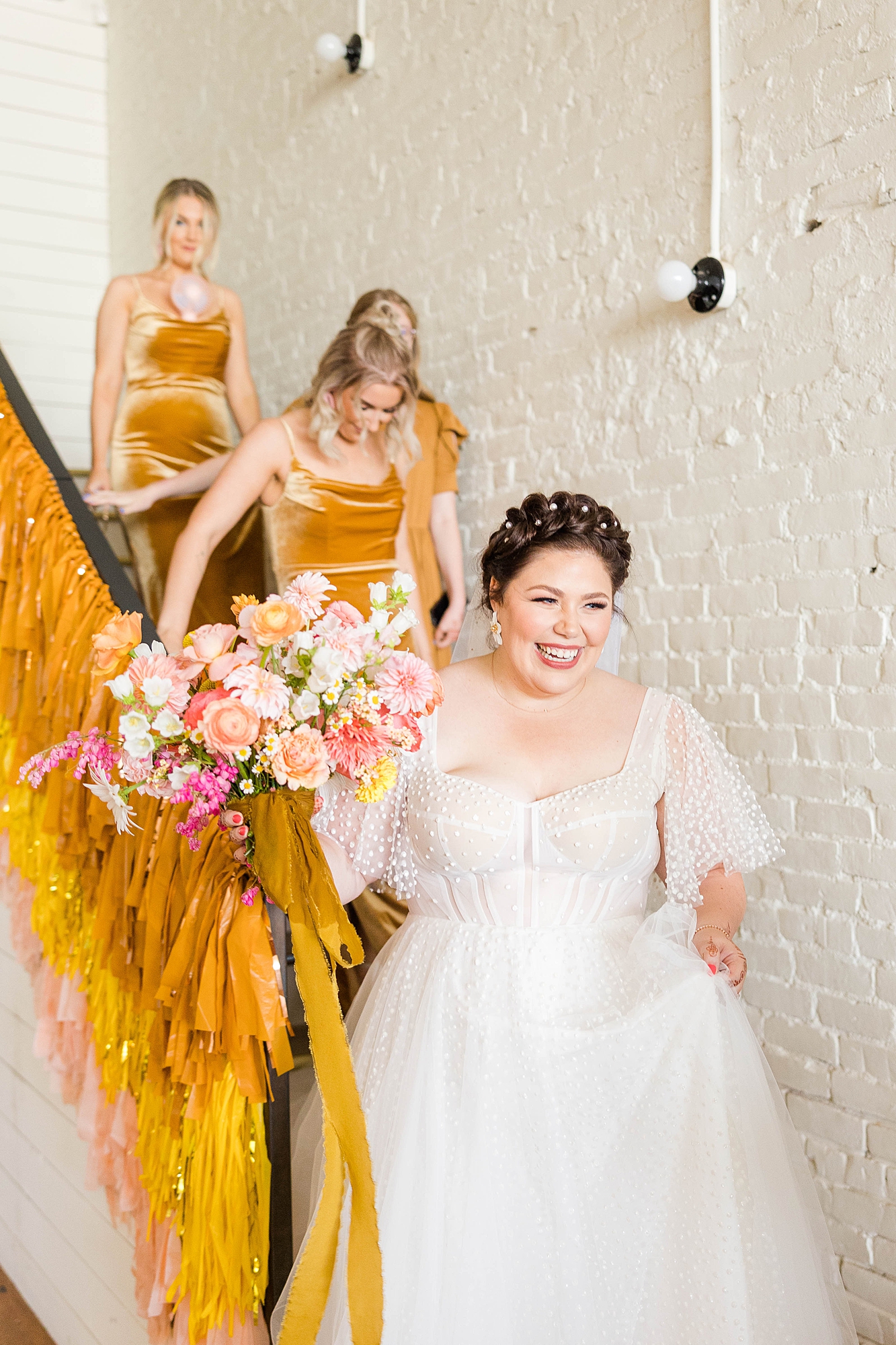 Autumn wedding ceremony with deep jewel tones, fun patterns and joyful family moments, bridal portraits with bouquet