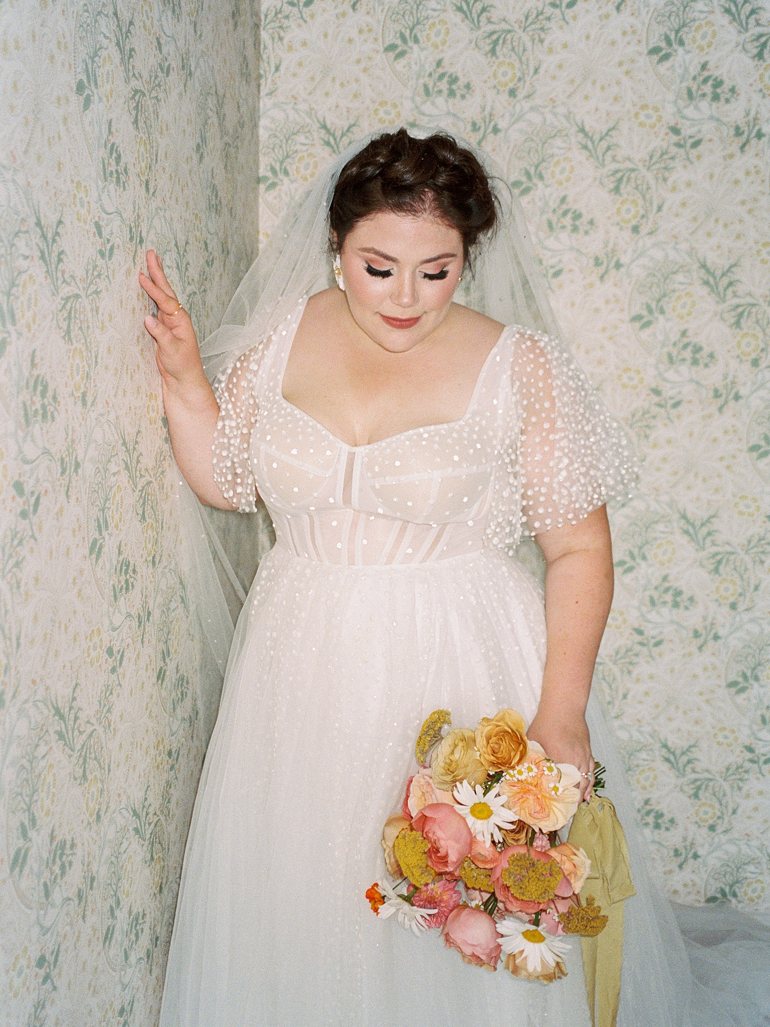 Autumn wedding ceremony with deep jewel tones, fun patterns and joyful family moments, bridal portraits with bouquet 