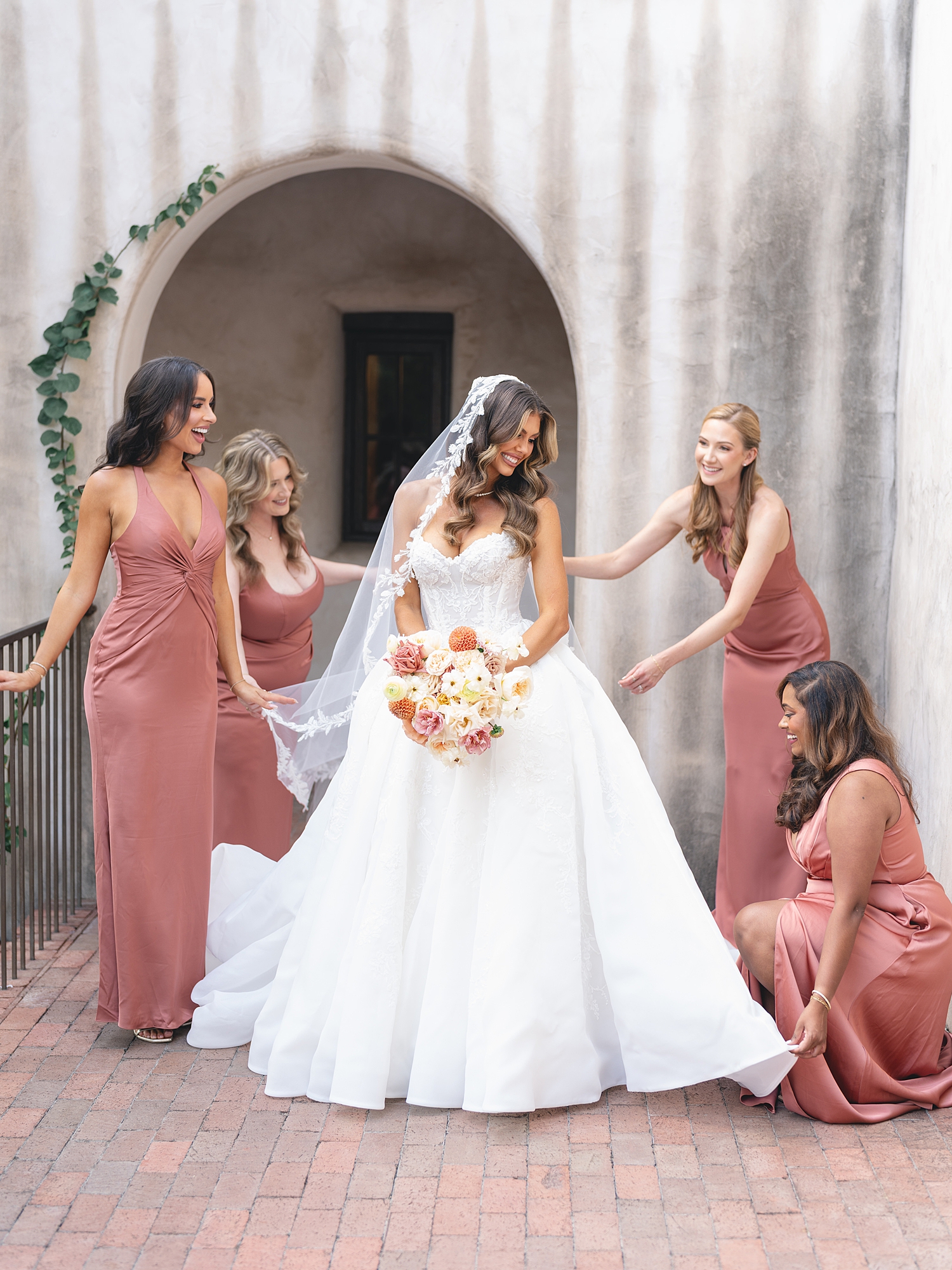 Bridal portrait under Spanish-mission style architecture in San Antonio