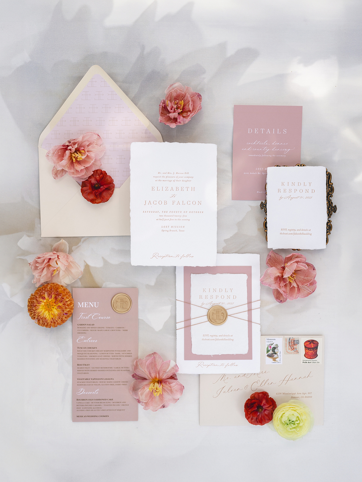 Detail shot of wedding rings and invitation suite at San Antonio wedding by Paige Vaughn Photo