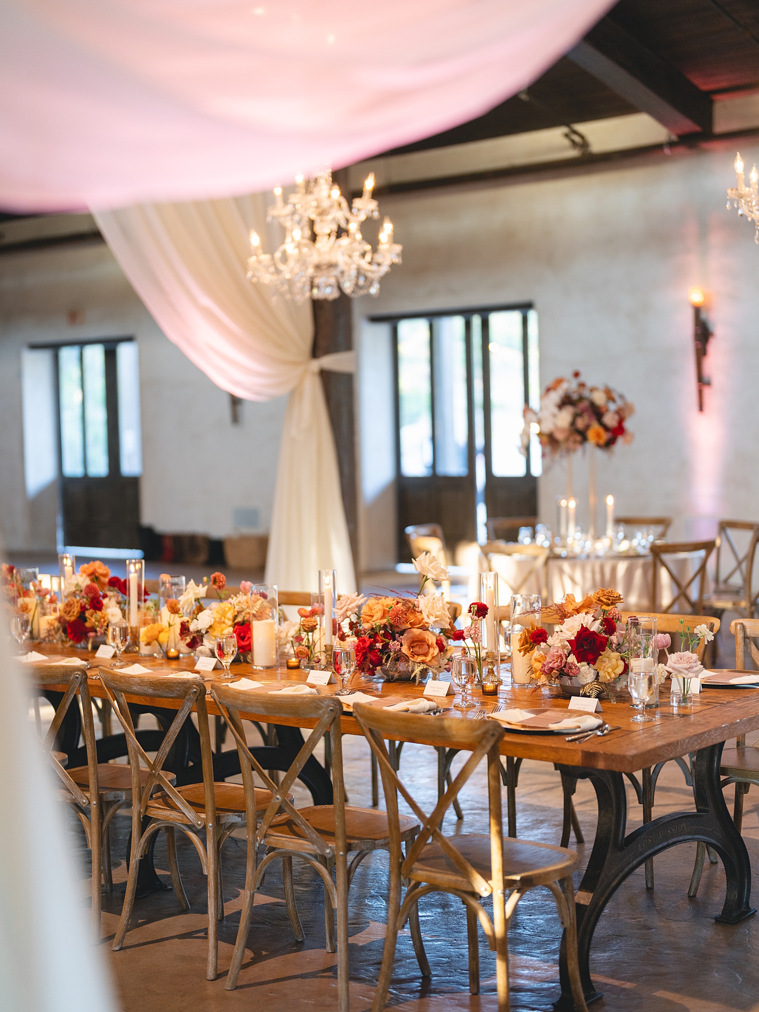 Reception tablescape with lush florals, elegant linens, and candlelight at San Antonio wedding