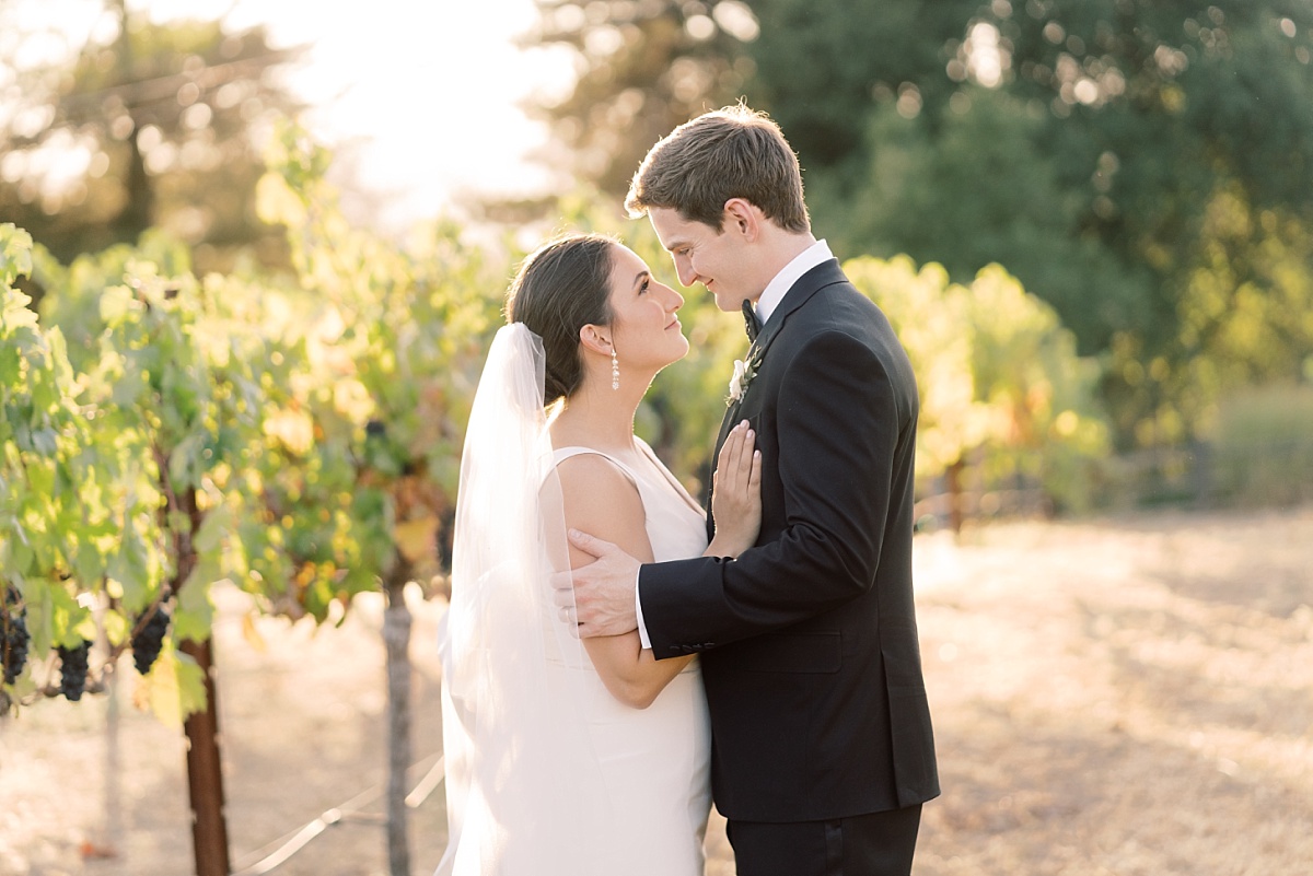 Beautiful bride and groom stand in a vineyard and gaze into each other's eyes for wedding photographs by Paige Vaughn Photography at Buena Vista Winery, Sonoma, California