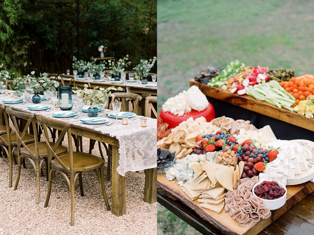Beautiful intimate outdoor wedding table setting and charcuterie board, photo by San Francisco wedding photographer Paige Vaughn