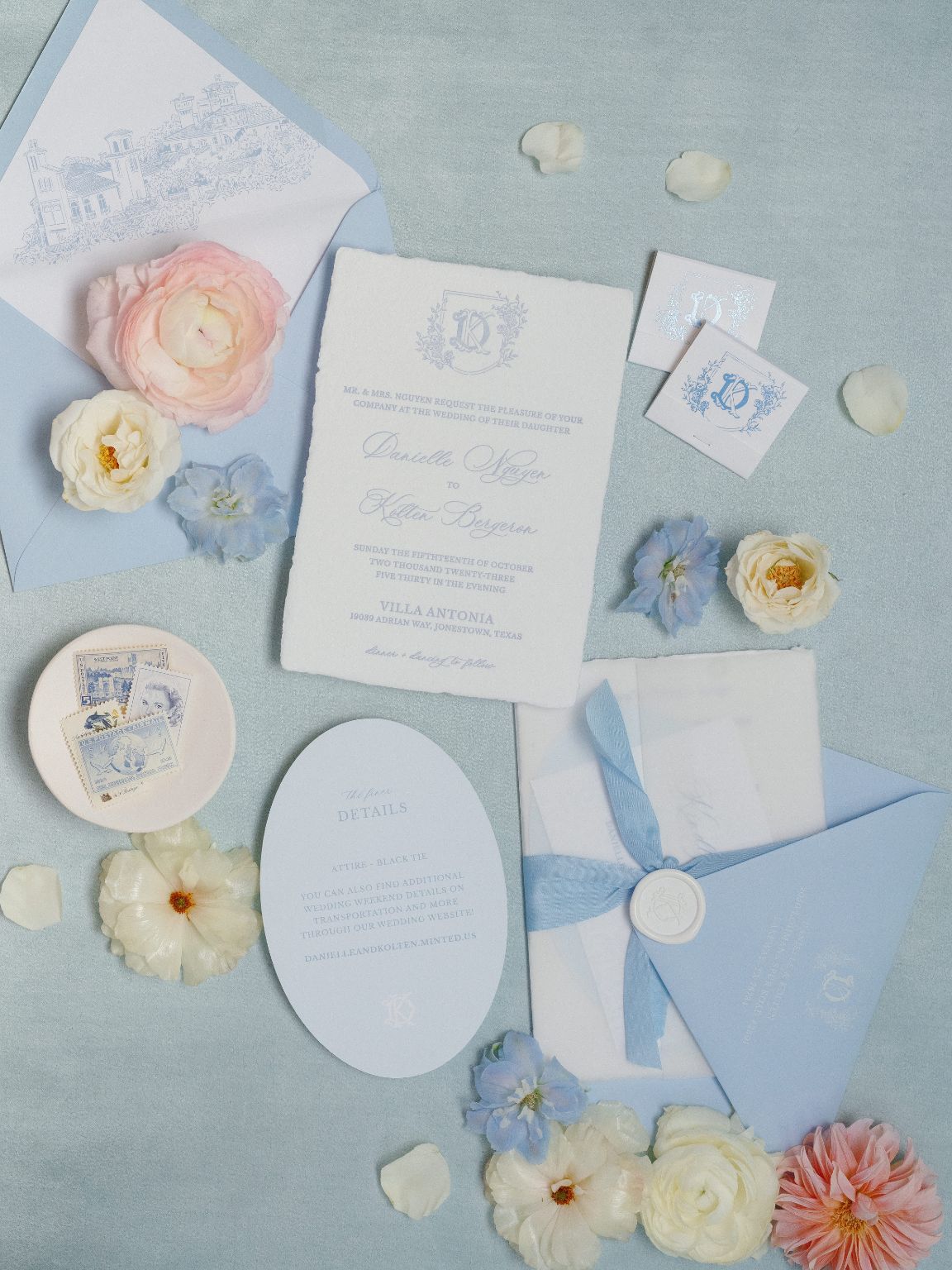 Villa Antonia Wedding details invite and florals
