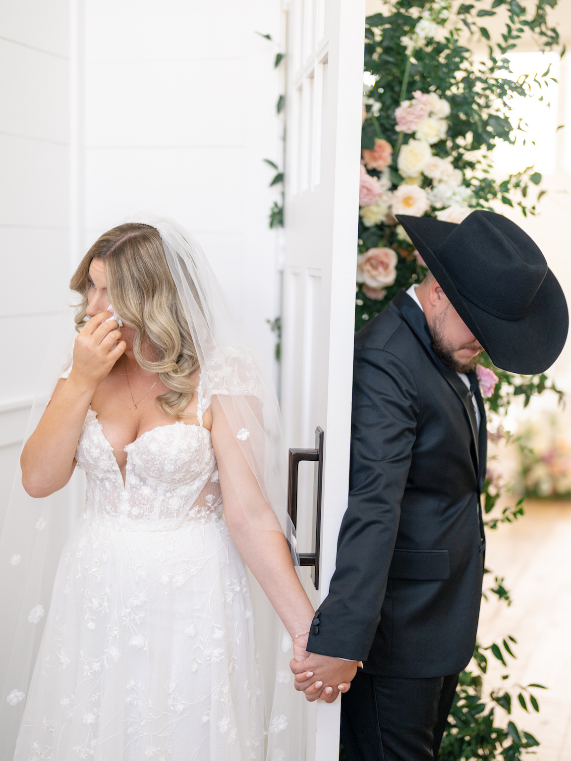 Arrowhead Hill Wedding bride and groom first touch