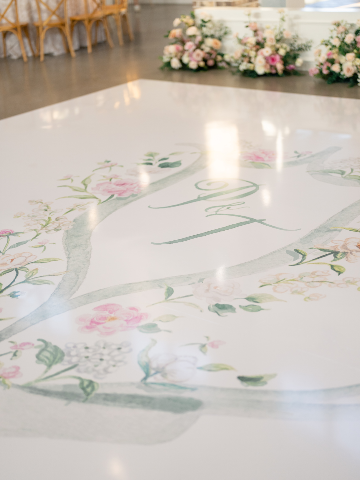 Arrowhead Hill Wedding reception photos with florals and custom dancefloor