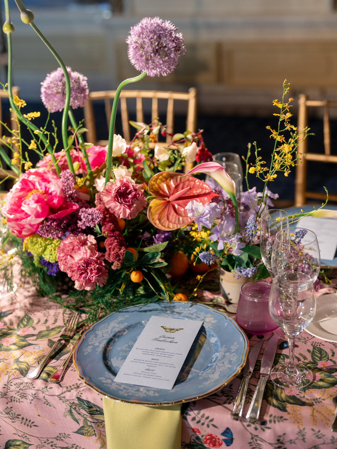 Fairmont San Francisco Wedding reception table lush florals and vibrant colors