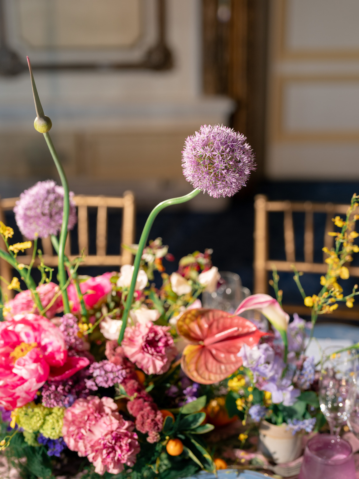 Fairmont San Francisco Wedding reception table lush florals and vibrant colors