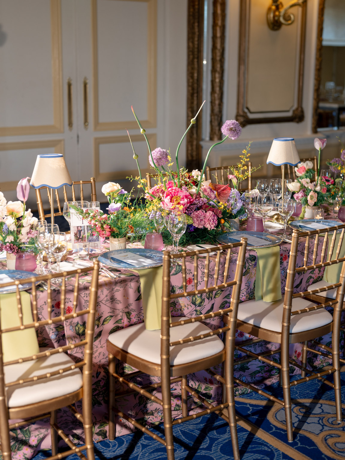 Fairmont San Francisco Wedding reception table lush florals and vibrant colors