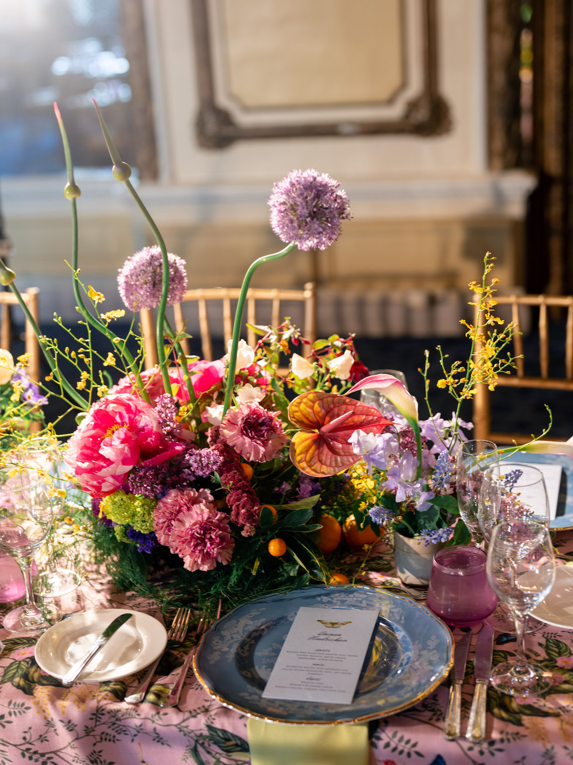 Fairmont San Francisco Wedding reception table lush florals and vibrant colors