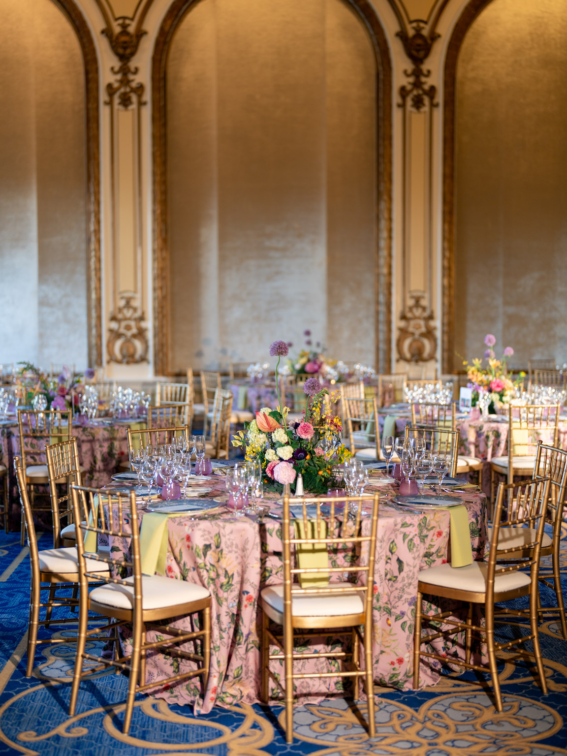 Fairmont San Francisco Wedding reception table lush florals and vibrant colors