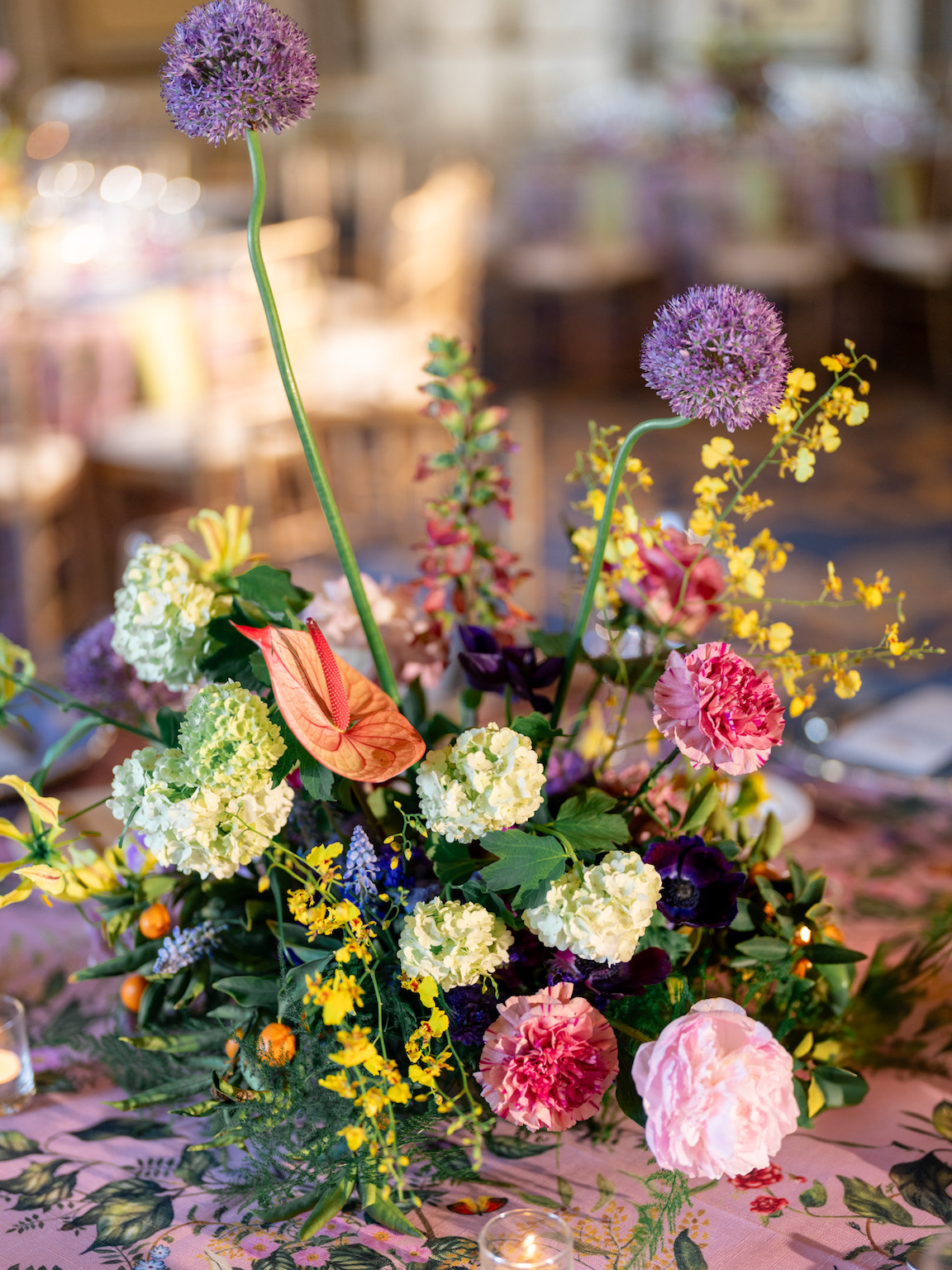 Fairmont San Francisco Wedding reception table lush florals and vibrant colors