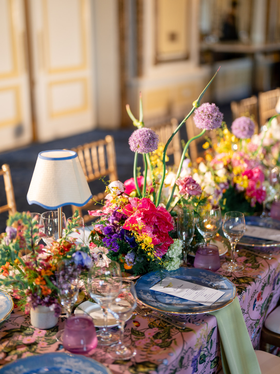Fairmont San Francisco Wedding reception table lush florals and vibrant colors
