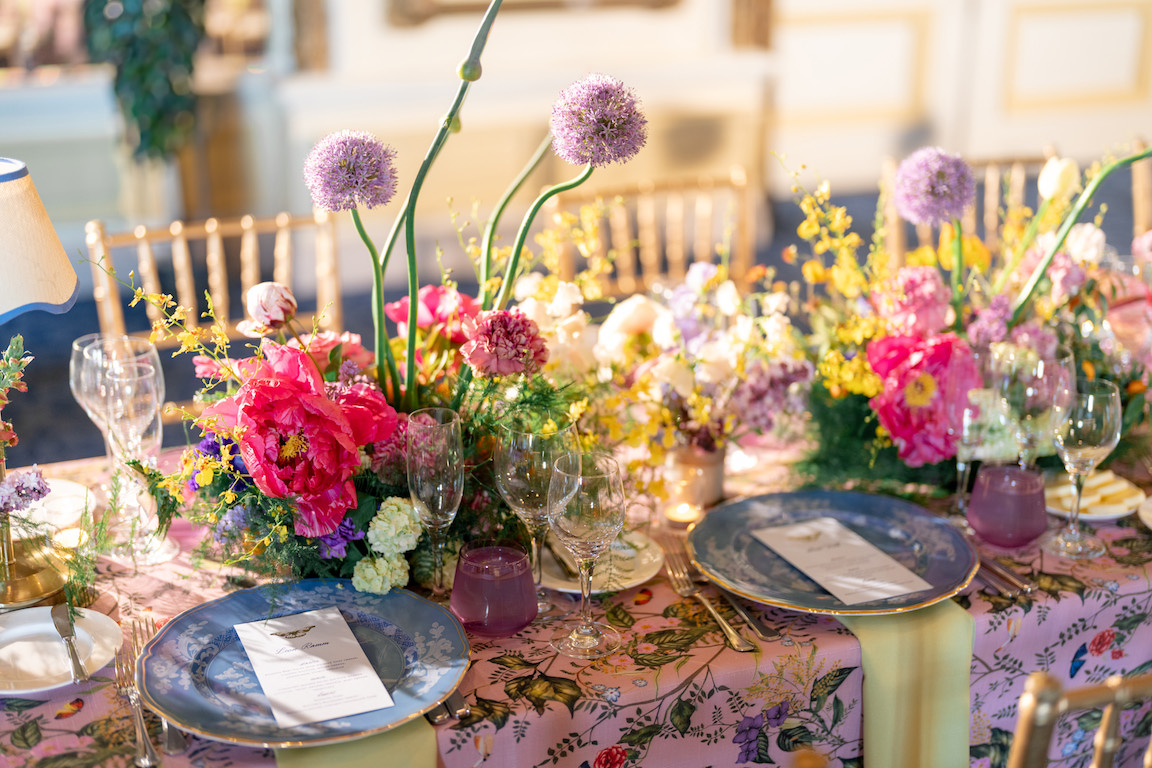 Fairmont San Francisco Wedding reception table lush florals and vibrant colors