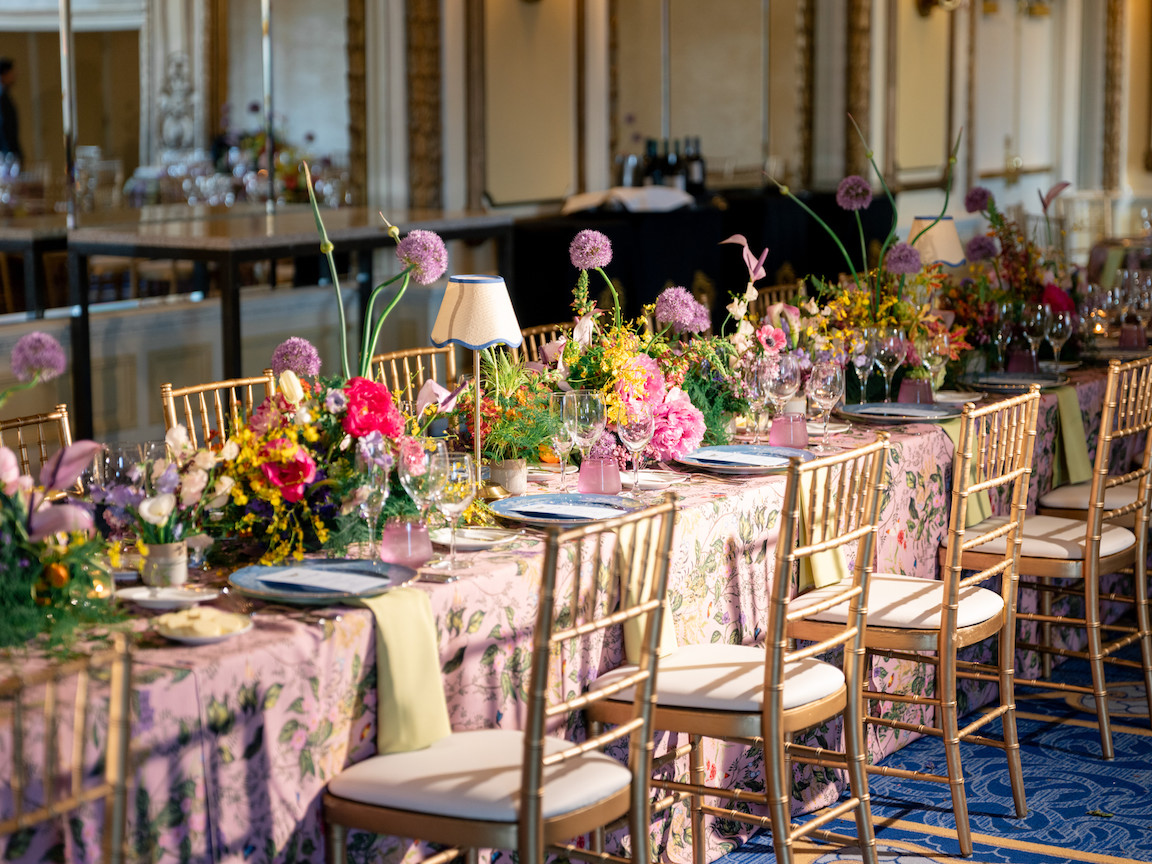Fairmont San Francisco Wedding reception table lush florals and vibrant colors