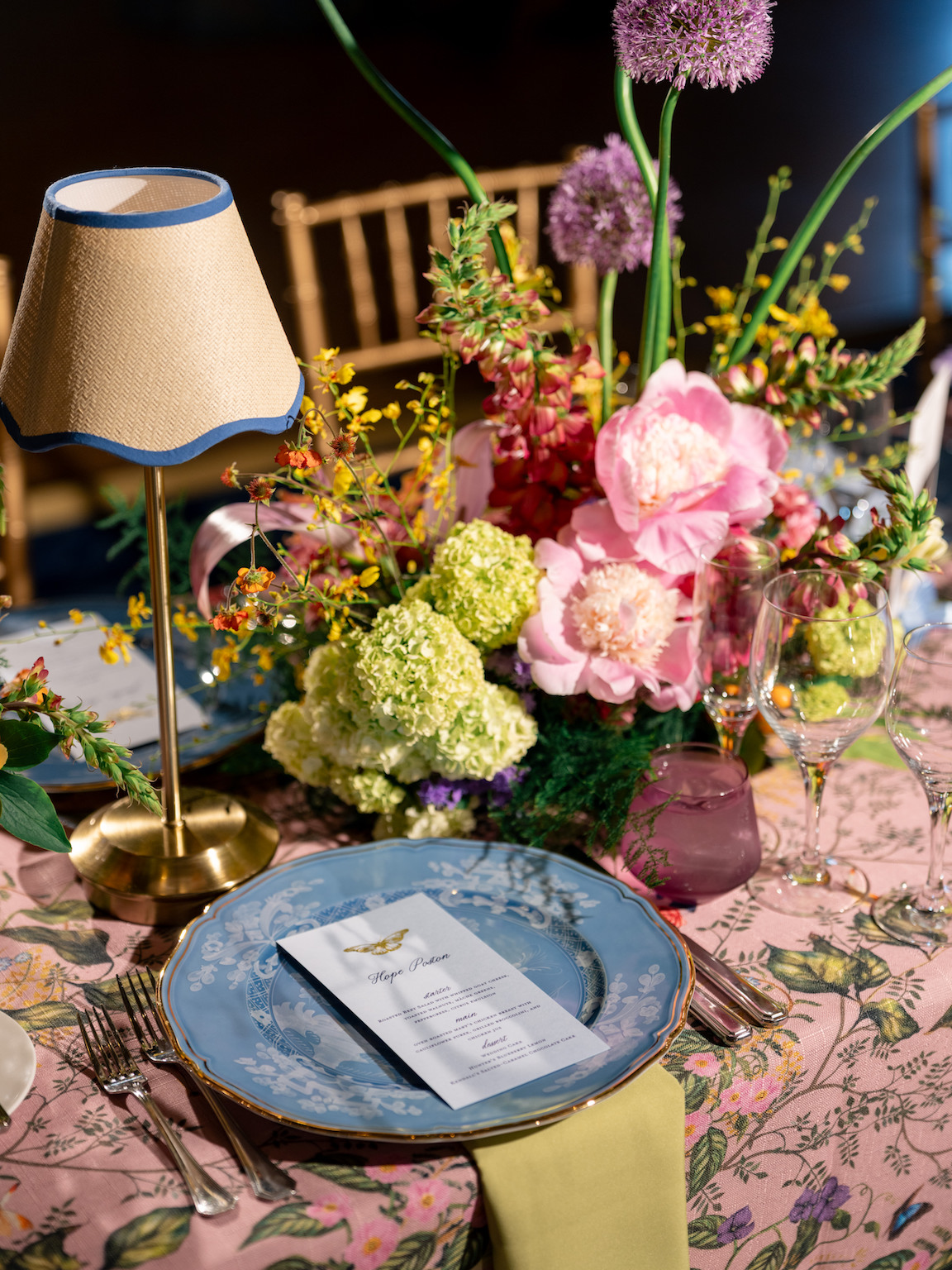 Fairmont San Francisco Wedding reception table lush florals and vibrant colors